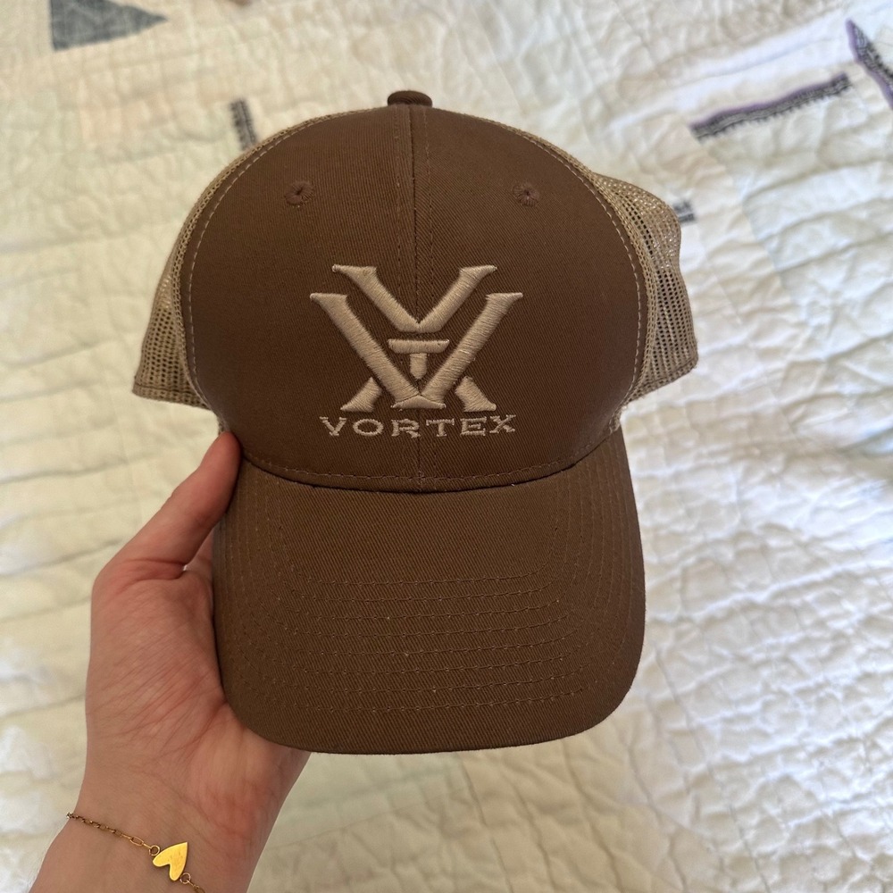 Vortex Trucker Hat Brown Tan Snapback Mesh Back Logo Cap OSFM